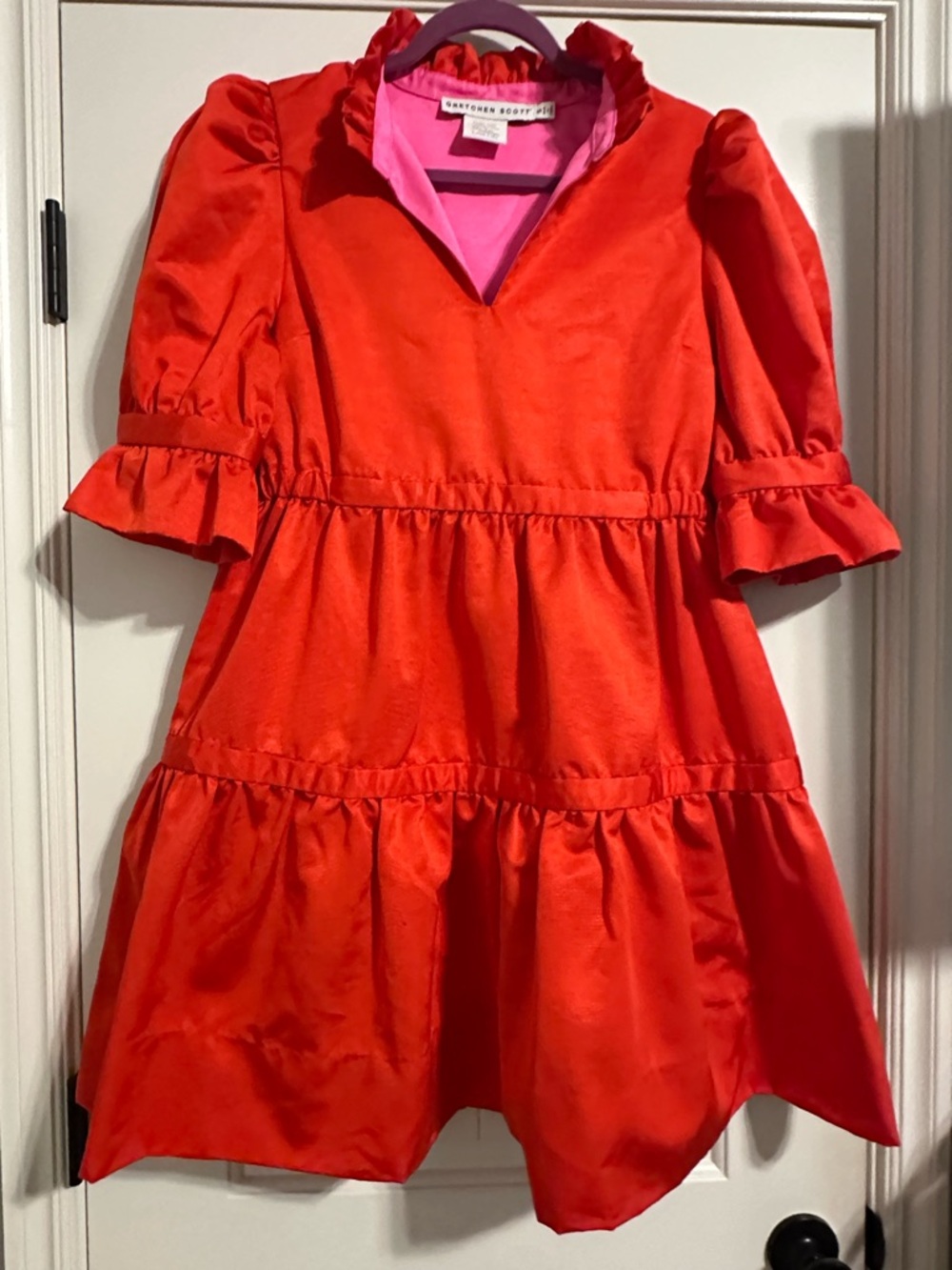 Gretchen Scott Teardrop Fraille Dress Preppy Romantic Tiered Puff Ruffle Red S